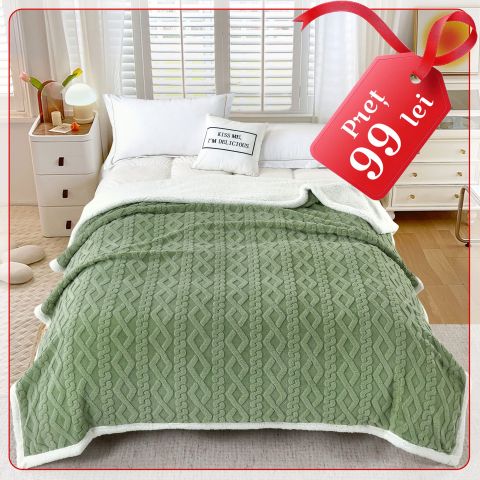 Patura cu blanita model tip Tricot, pentru pat dublu 200 x 230 cm, Verde
