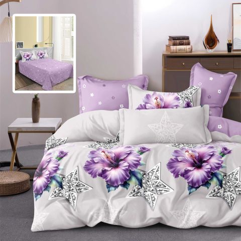 Lenjerie de pat dublu bumbac Finet 6 piese 220 x 240 cm, pilota 200x220 cm, 2 fete perna 50x70 si 70x70 cm, Mov / Gri, Pucioasa YANI V1