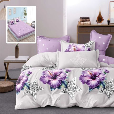 Lenjerie pat dublu Finet Bumbac 6 piese cu husa saltea 160x200 sau 180x200 cm, pilota 200x230 cm, 2 fete perna 50x70 si 70x70 cm, Mov / Gri, Pucioasa YANI V2