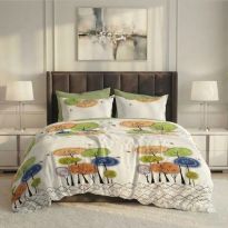 Lenjerie pat dublu ELVO Economy 6 piese Copaci Portocaliu/Verde LEE18