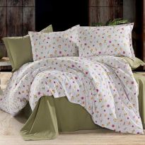 Lenjerie pat Ranforce Cotton Pro Bumbac 100%, King Size cu husa, 4 piese Floricele Alb/Verde RCP12