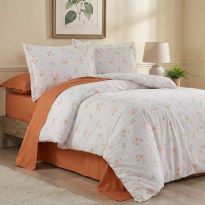 Lenjerie pat Ranforce Cotton Pro Bumbac 100%, 1 persoana cu husa, 3 piese Floricele Alb/Portocaliu RCP30