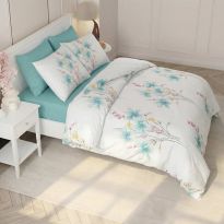 Lenjerie pat Ranforce Cotton Pro Bumbac 100%, 1 persoana, 3 piese Motiv floral Alb/Turcoaz RCP36