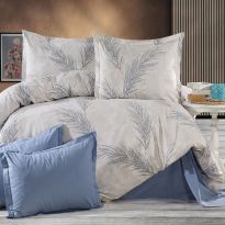 Lenjerie pat Ranforce Cotton Pro Bumbac 100%, King Size cu husa, 4 piese Moderna Bej/Albastru RCP51