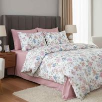 Lenjerie pat Ranforce Cotton Pro Bumbac 100%, 1 persoana cu husa, 3 piese Flori Roz RCP3