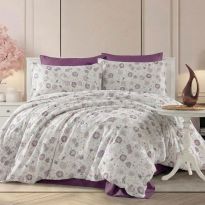 Lenjerie pat Ranforce Cotton Pro Bumbac 100%, King Size, 6 piese Moderna Alb/Mov RCP56 Ralex Pucioasa
