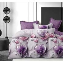 Pachet economic lenjerie pat dublu Finet 6 piese cu husa la saltea + 2 perne matlasate 50x70 cm + pilota 200x215 cm primavara toamna Inimioare Mov/Gri