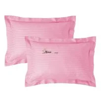 Set 2 fete de perna Damasc policoton dunga 1 cm, 50 x 70 cm si tiv cu bordura 3,5 cm, Roz Bonbon