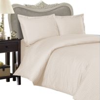 Lenjerie de pat o persoana Damasc Policoton dunga 1 cm, 3 piese, cearsaf pat 160x230 cm, cearsaf pilota 140x220 cm, fata perna 50x70 cm Bej Cappuccino 