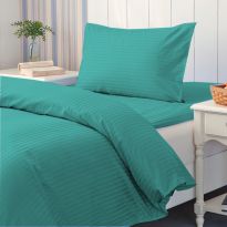 Lenjerie cu elastic la cearsaf pat Damasc Policoton dunga 1 cm, pentru saltea 90 sau 100x200 cm, cearsaf pilota 140x220 cm, fata perna 50x70 cm Turcoaz