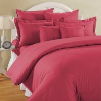 Lenjerie de pat dublu king size 6 piese Damasc Policoton dunga 1 cm, cearsaf pat 230x260 cm, cearsaf pilota 200x230 cm, fete perne 50x70 cm si 70x70 cm Rosu Persan