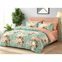 Lenjerie pat dublu Finet Bumbac 6 piese cu husa saltea 160x200 sau 180x200 cm, pilota 200x230 cm, 2 fete perna 50x70 si 70x70 cm, Portocaliu/Verde, Pucioasa 