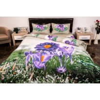 Lenjerie de pat dublu 4 piese 220 x 230 cm Digital Print 3D, Mov/Verde Flori gradina Pucioasa 