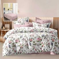 Lenjerie pat dublu Economy 4 piese, cearsaf pat 230x250 cm si pilota 200x230 cm, 2 fete perne 50x70, Trandafiri Roz