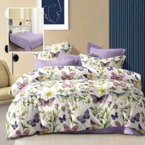 Lenjerie pat dublu Economy 4 piese, cearsaf pat 230x250 cm si pilota 200x230 cm, 2 fete perne 50x70, Fluturasi Galben / Mov ECN32