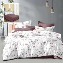 Lenjerie pat dublu Economy 4 piese, cearsaf pat 230x250 cm si pilota 200x230 cm, 2 fete perne 50x70, Flori Alb / Visiniu ECN33