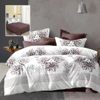 Lenjerie pat dublu Economy 4 piese, cearsaf pat 230x250 cm si pilota 200x230 cm, 2 fete perne 50x70, Inimioare florale Crem / Maro ECN34