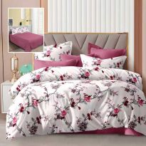 Lenjerie pat dublu Economy 4 piese, cearsaf pat 230x250 cm si pilota 200x230 cm, 2 fete perne 50x70, Floricele Crem / Roz ECN35