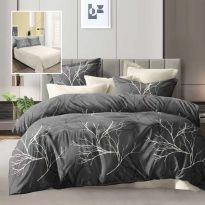 Lenjerie pat dublu Economy 4 piese, cearsaf pat 230x250 cm si pilota 200x230 cm, 2 fete perne 50x70, Crengute Bej / Negru ECN36