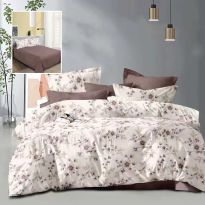 Lenjerie pat dublu Economy 4 piese, cearsaf pat 230x250 cm si pilota 200x230 cm, 2 fete perne 50x70, Flori Bej / Maro ECN41