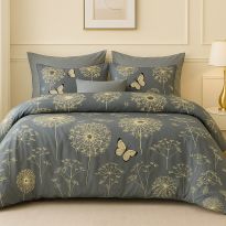 Lenjerie pat dublu ELVO 4 piese cearsaf pat 230x250 cm, pilota 200x230 cm, 2 fete perne 50x70 cm, Fluturi Galben / Gri