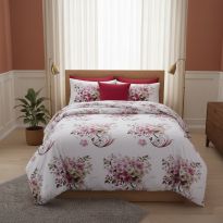 Lenjerie pat dublu ELVO 4 piese cearsaf pat 230x250 cm, pilota 200x230 cm, 2 fete perne 50x70 cm, Flori Alb / Rosu