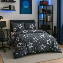 Lenjerie pat dublu ELVO 4 piese cearsaf pat 230x250 cm, pilota 200x230 cm, 2 fete perne 50x70 cm, Peisaj nocturn Gri