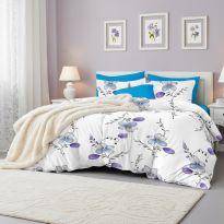 Lenjerie pat dublu ELVO 4 piese cearsaf pat 230x250 cm, pilota 200x230 cm, 2 fete perne 50x70 cm, Imprimeu floral Alb / Albastru