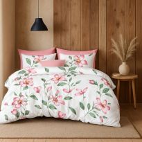 Lenjerie pat dublu ELVO 4 piese cearsaf pat 230x250 cm, pilota 200x230 cm, 2 fete perne 50x70 cm, Flori Alb / Roz