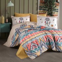 Lenjerie pat dublu Bumbac 100% Ranforce 4 piese extra large, cearsaf pat 240x260 cm, pilota 200x220 cm, 2 fete perne 50x70 cm, Galben / Rosu BOHO
