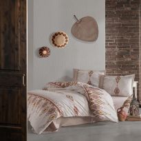 Lenjerie pat dublu Bumbac 100% Ranforce 4 piese extra large, cearsaf pat 240x260 cm, pilota 200x220 cm, 2 fete perne 50x70 cm, Crem ETHNICA