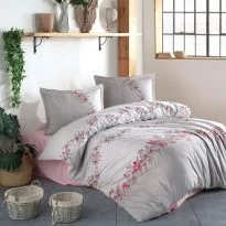 Lenjerie pat dublu Bumbac 100% Ranforce 4 piese extra large, cearsaf pat 240x260 cm, pilota 200x220 cm, 2 fete perne 50x70 cm, Roz / Gri LORINDA