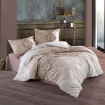 Lenjerie pat dublu Bumbac 100% Ranforce 4 piese extra large, cearsaf pat 240x260 cm, pilota 200x220 cm, 2 fete perne 50x70 cm, Bej ZETA