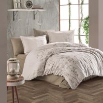Lenjerie pat premium Lux Satin 100% Bumbac, 4 piese king size, cearsaf 240x260 cm, pilota 200x220 cm, 2 fete perne 50x70 cm, Bej Elegant, Terra