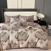 Lenjerie de pat dublu king size Percalle imprimat Bumbac 100% 6 piese cearsaf pat 240x260 cm, pilota 200x230 cm, 2 fete perne 50x70 cm, 2 fete perne 70x70 cm Imprimeu Elegant Maro, Pucioasa