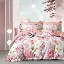 Lenjerie pat dublu extra large Percalle imprimat Bumbac 100%, 6 piese, cearsaf pat 240x260 cm, pilota 200x230 cm, 2 fete perna 50x70 cm si 70x70 cm, Floricele Roz, Pucioasa