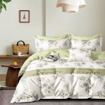 Lenjerie pat dublu extra large Percalle imprimat Bumbac 100%, 6 piese, cearsaf pat 240x260 cm, pilota 200x230 cm, 2 fete perna 50x70 cm si 70x70 cm, Flori Alb / Verde, Pucioasa