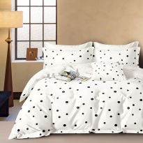Lenjerie pat dublu extra large Percalle imprimat Bumbac 100%, 6 piese, cearsaf pat 240x260 cm, pilota 200x230 cm, 2 fete perna 50x70 cm si 70x70 cm, Buline Alb / Negru, Pucioasa