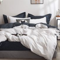 Lenjerie pat dublu extra large Percalle imprimat Bumbac 100%, 6 piese, cearsaf pat 240x260 cm, pilota 200x230 cm, 2 fete perna 50x70 cm si 70x70 cm, Patratele Alb / Negru, Pucioasa