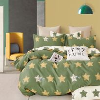 Lenjerie de pat dublu king size Percalle imprimat Bumbac 100% 6 piese cearsaf pat 240x260 cm, pilota 200x230 cm, 2 fete perne 50x70 cm, 2 fete perne 70x70 cm Stele Galben / Verde, Pucioasa