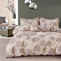 Lenjerie de pat dublu Percalle imprimat Bumbac 100% 4 piese cearsaf pat 240x260 cm, pilota 200x230 cm, 2 fete perne 50x70 cm, Copaci Bej, Pucioasa