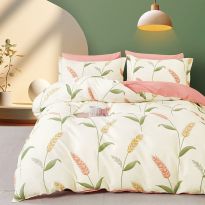 Lenjerie de pat dublu Percalle imprimat Bumbac 100% 4 piese cearsaf pat 240x260 cm, pilota 200x230 cm, 2 fete perne 50x70 cm, Spic de grau Roz / Galben, Pucioasa