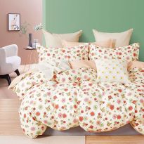 Lenjerie de pat dublu Percalle imprimat Bumbac 100% 4 piese cearsaf pat 240x260 cm, pilota 200x230 cm, 2 fete perne 50x70 cm, Imprimeu floricele Crem / Rosu, Pucioasa