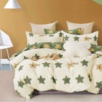Lenjerie de pat dublu Percalle imprimat Bumbac 100% 4 piese cearsaf pat 240x260 cm, pilota 200x230 cm, 2 fete perne 50x70 cm, Stelute Galben / Verde, Pucioasa