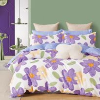 Lenjerie de pat o persoana Percalle imprimat Bumbac 100% 3 piese cearsaf pat 160x240 cm, pilota 150x220 cm, fata perna 50x70 cm, Floricele Mov / Albastru, Pucioasa