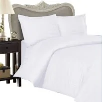 Lenjerie de pat dublu Damasc Policoton dunga 1 cm, 4 piese, cearsaf pat 220x230 cm, cearsaf pilota 180x220 cm, 2 fete perna 50x70 cm Alb