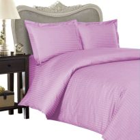 Lenjerie de pat dublu Damasc Policoton dunga 1 cm, 4 piese, cearsaf pat 220x230 cm, cearsaf pilota 180x220 cm, 2 fete perna 50x70 cm Lila