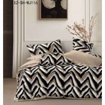 Lenjerie pat dublu Finet Bumbac 6 piese cu husa saltea 160x200 sau 180x200 cm, pilota 200x230 cm, 2 fete perna 50x70 si 70x70 cm, Bej Cappuccino/Negru, Pucioasa 