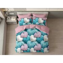 Lenjerie pat dublu Finet Bumbac 6 piese cu husa saltea 160x200 sau 180x200 cm, pilota 200x230 cm, 2 fete perna 50x70 si 70x70 cm,  Lila / Albastru, Pucioasa 