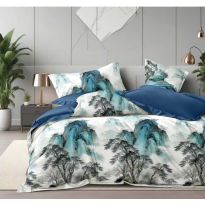 Lenjerie pat dublu Finet Bumbac 6 piese cu husa saltea 160x200 sau 180x200 cm, pilota 200x230 cm, 2 fete perna 50x70 si 70x70 cm, Turcoaz / Albastru, Pucioasa 